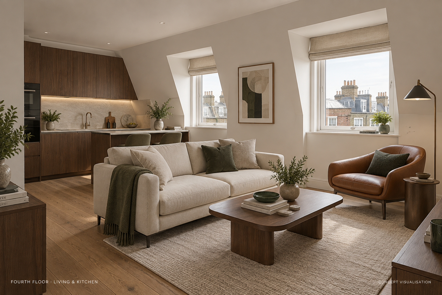 Concept visualisation of a proposed managed apartment living room and kitchen