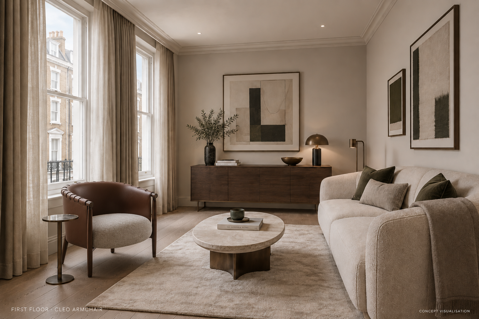 Concept visualisation of a proposed first-floor living room featuring a Cleo armchair