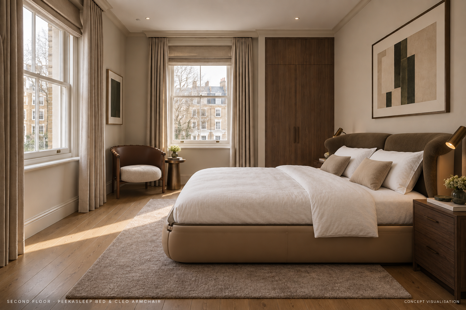 Concept visualisation of a proposed bedroom featuring a Peekasleep bed and Cleo armchair
