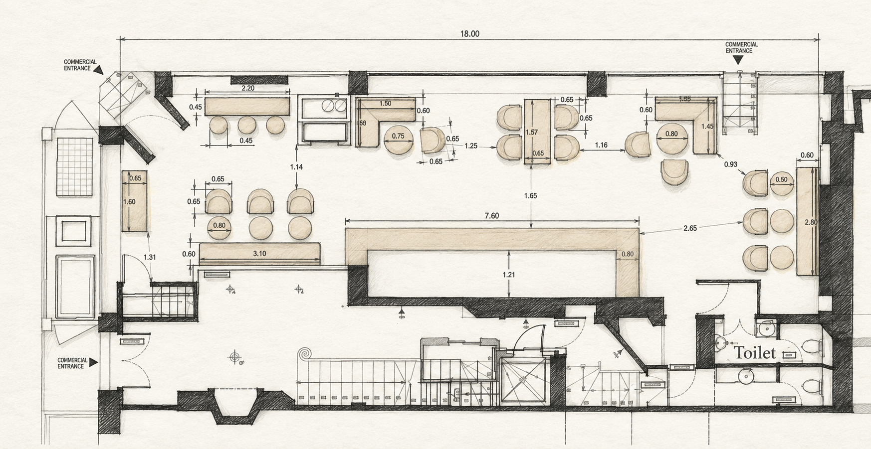 Indicative proposed café floor plan showing seating, service areas, circulation and commercial entrances